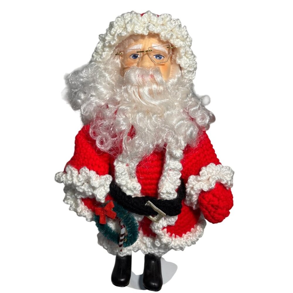 Crochet Santa Claus Doll Wreath Candy Cane Glasses Boots Belt 14" Tall w/ Stand